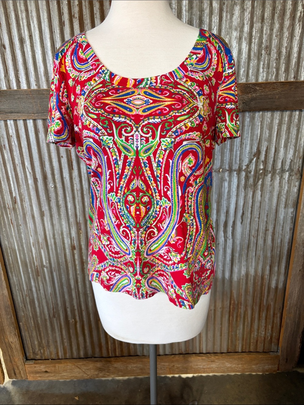 Ralph Lauren Red Paisley Scoop Neck Short Sleeve Top